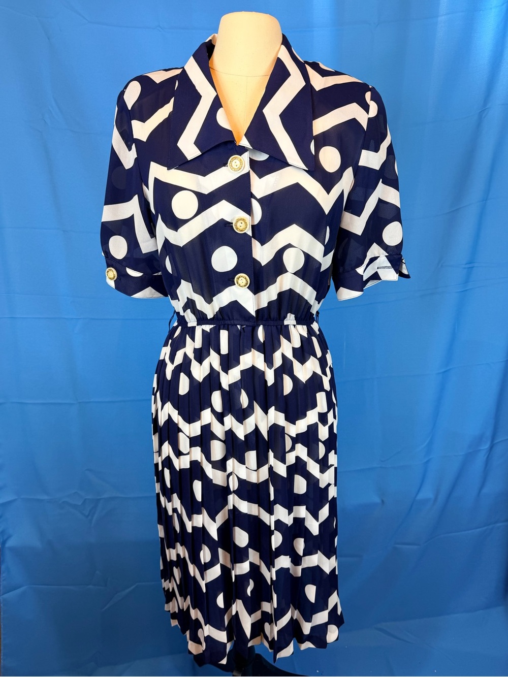 Vintage 80s Lady Carol Geometric Pleated Midi Dress Navy White Size 10